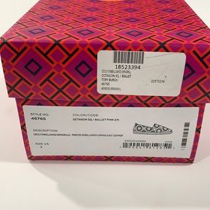 Tory Burch Octagon Sq Ballet Pink Printed Embellished Canvas Flats Shoes